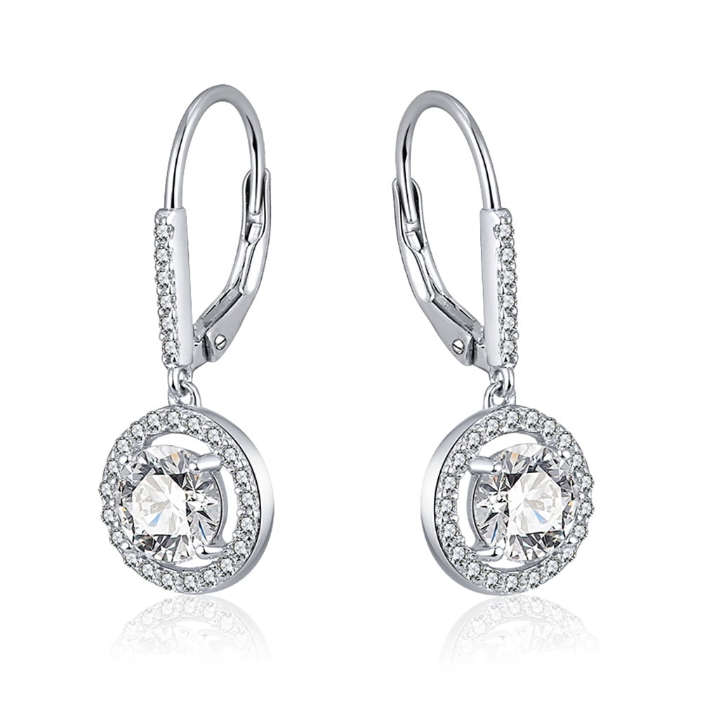 Halo Round Dangle Earrings for Women Sterling Silver Clear Cz Ginger Lyne Collection