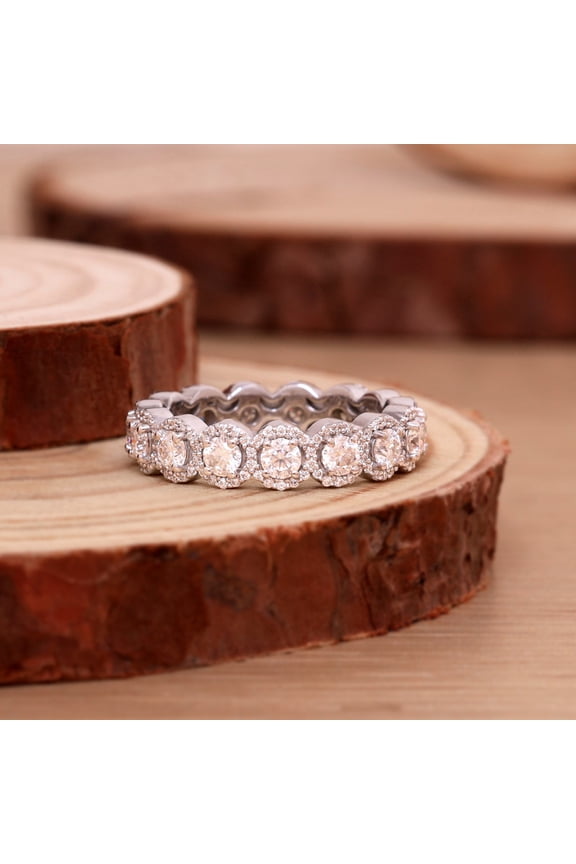 Halo Round Diamond Simulant Full Eternity Band, White Gold Plated Sterling Silver Bridal Set Wedding Ring, Elegant Engagement Jewelry for Women