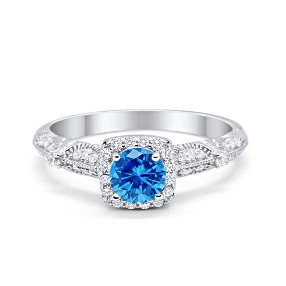 Halo Round Engagement Ring Blue Topaz CZ 925 Sterling Silver Size 12