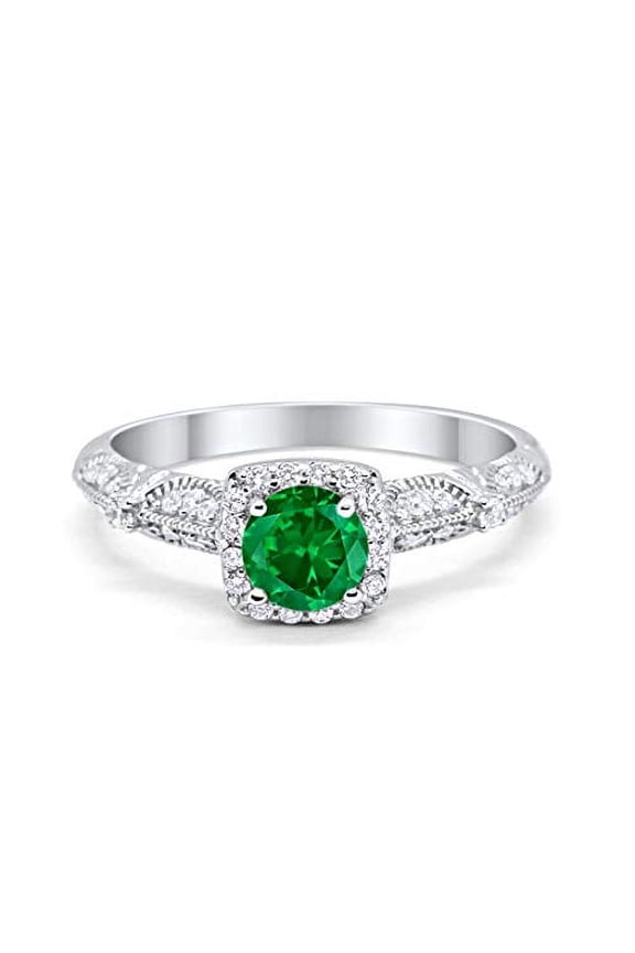 Halo Round Engagement Ring Green Emerald CZ 925 Sterling Silver Size 12