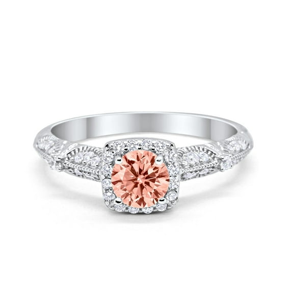 Halo Round Engagement Ring Morganite CZ 925 Sterling Silver Size 8