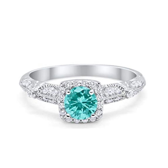 Halo Round Engagement Ring Paraiba Tourmaline CZ 925 Sterling Silver Size 10