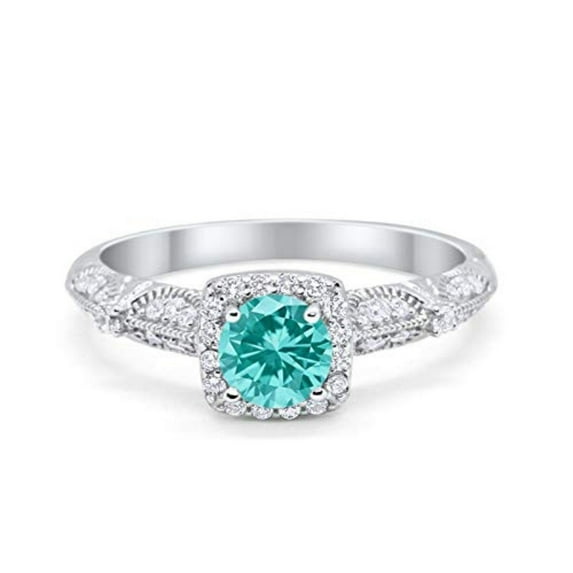Halo Round Engagement Ring Paraiba Tourmaline CZ 925 Sterling Silver Size 7