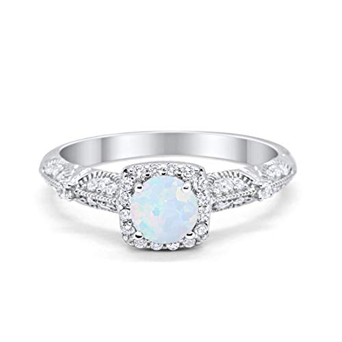 Halo Round Ring Lab Created White Opal 925 Sterling Silver Size 6