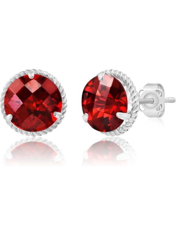 Halo Ruby Gemstone Round Stud Earrings for Women with Push Backs and 8mm Birthstone