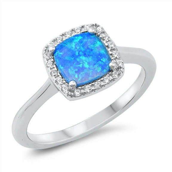 Halo Set Blue Simulated Opal Clear Cubic Zirconia Square Ring Sterling Silver Size 7