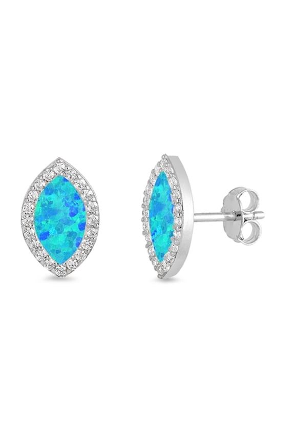 Halo Set Blue Synthetic Opal CZ Marquise Earring Sterling Silver
