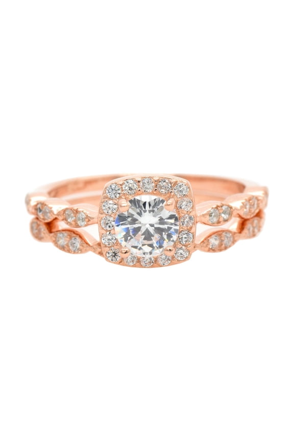 Halo Set Cubic Zirconia Square Stackable Set Ring Rose Gold-Toned Sterling Silver Size 5