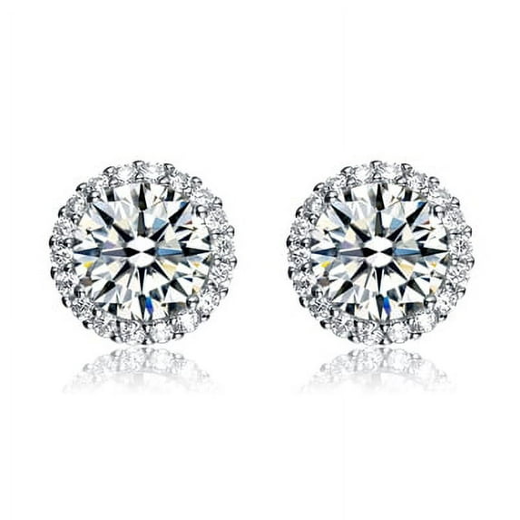 Halo Set Earrings with Artificial Round Brilliant Center Surrounded by Melee Diamonds by Diamond Essence set in Sterling Silver