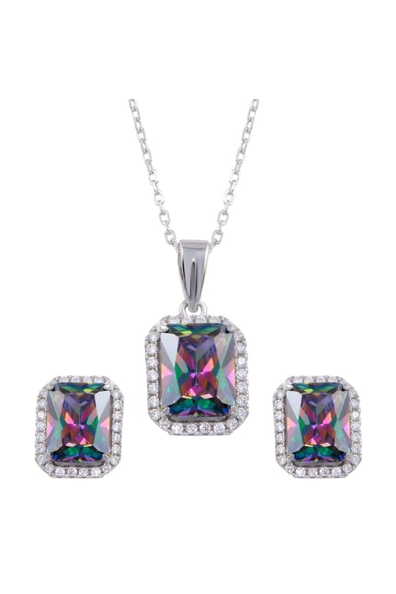 Halo Set Synthetic Mystic Topaz Clear CZ Rectangle Matching Set Sterling Silver