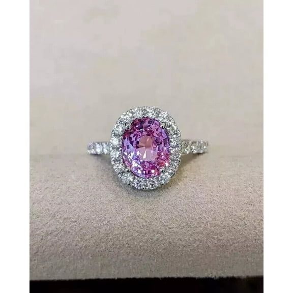 Halo Silver Ring 2Ct Oval Cut Lab-Created Pink Sapphire Women's Engagement Ring 14K White Gold Plated