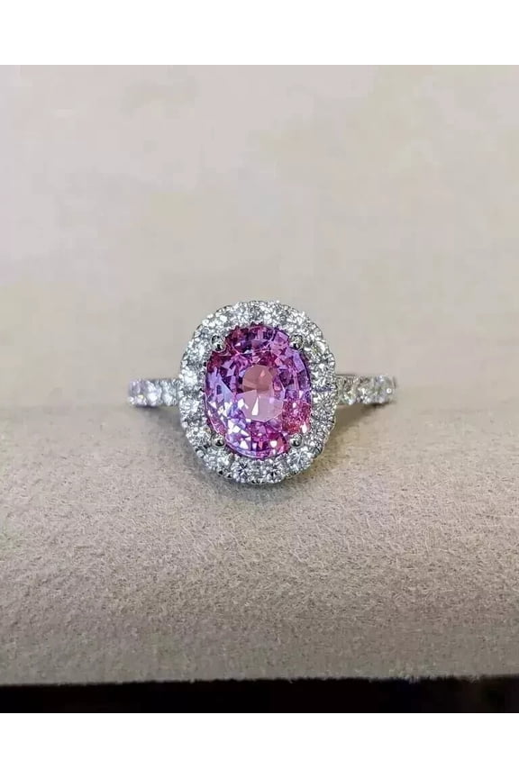 Halo Silver Ring 2Ct Oval Cut Simulated Pink Sapphire Halo Women's Engagement Ring 14K White Gold Plated