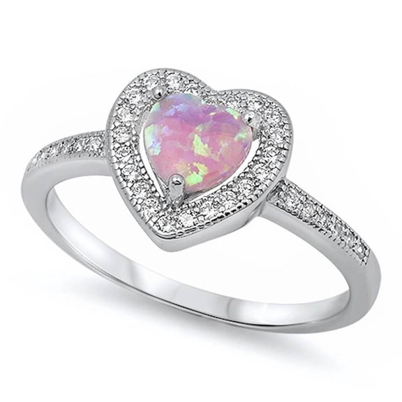 Halo Simulated Opal Clear CZ Heart Ring Sterling Silver Size 4