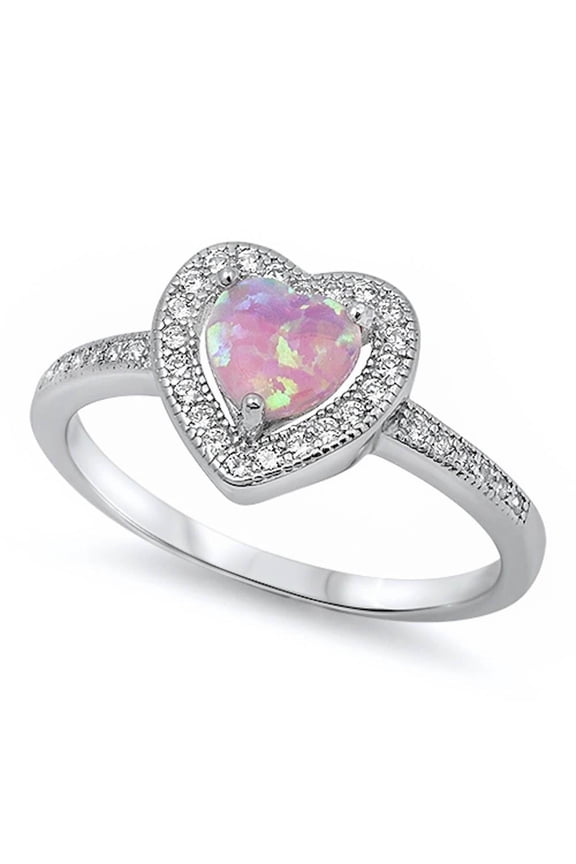 Halo Simulated Opal Clear CZ Heart Ring Sterling Silver Size 4