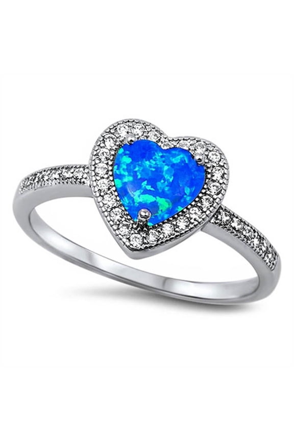 Halo Simulated Opal Clear CZ Heart Ring Sterling Silver Size 6