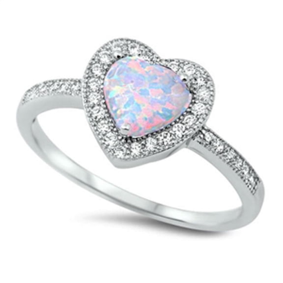 Halo Simulated Opal Clear CZ Heart Ring Sterling Silver Size 6