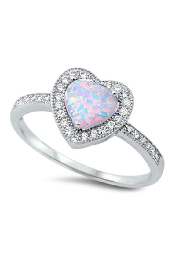 Halo Simulated Opal Clear CZ Heart Ring Sterling Silver Size 9