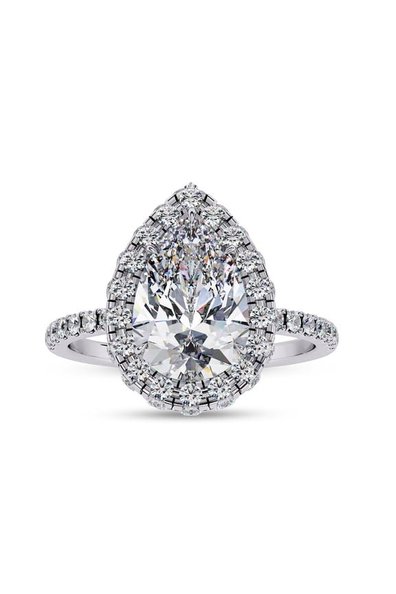 Halo Solitaire Engagement Rings For Women | Center 10x7mm Pear Cut Lab Created Moissanite Teardrop Promise Ring for Her in 14K White Gold Over Sterling Silver, Ring Size 4
