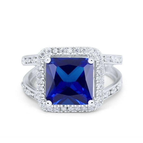 Halo Split Shank Engagement Ring Blue Sapphire CZ 925 Sterling Silver Size 7