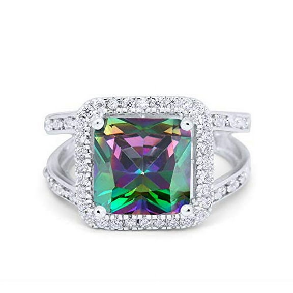 Halo Split Shank Engagement Ring Rainbow CZ 925 Sterling Silver Size 6