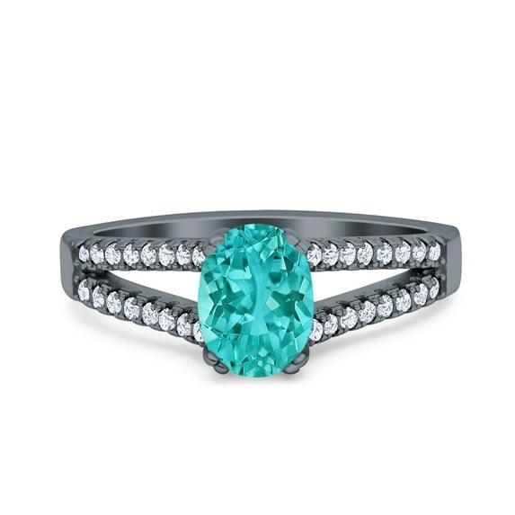 Halo Split Shank Oval Ring Black Tone Paraiba Tourmaline CZ 925 Sterling Silver Size 7