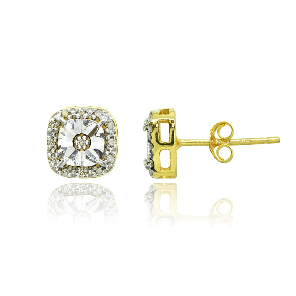Halo Square Cushion Diamond Gold Flash Sterling Silver Stud Earrings, JK-I3