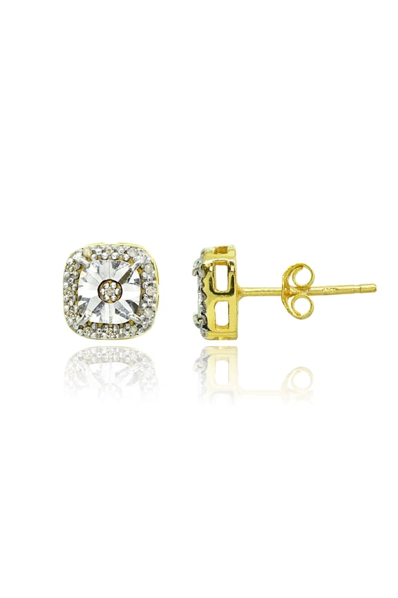 Halo Square Cushion Diamond Gold Flash Sterling Silver Stud Earrings, JK-I3