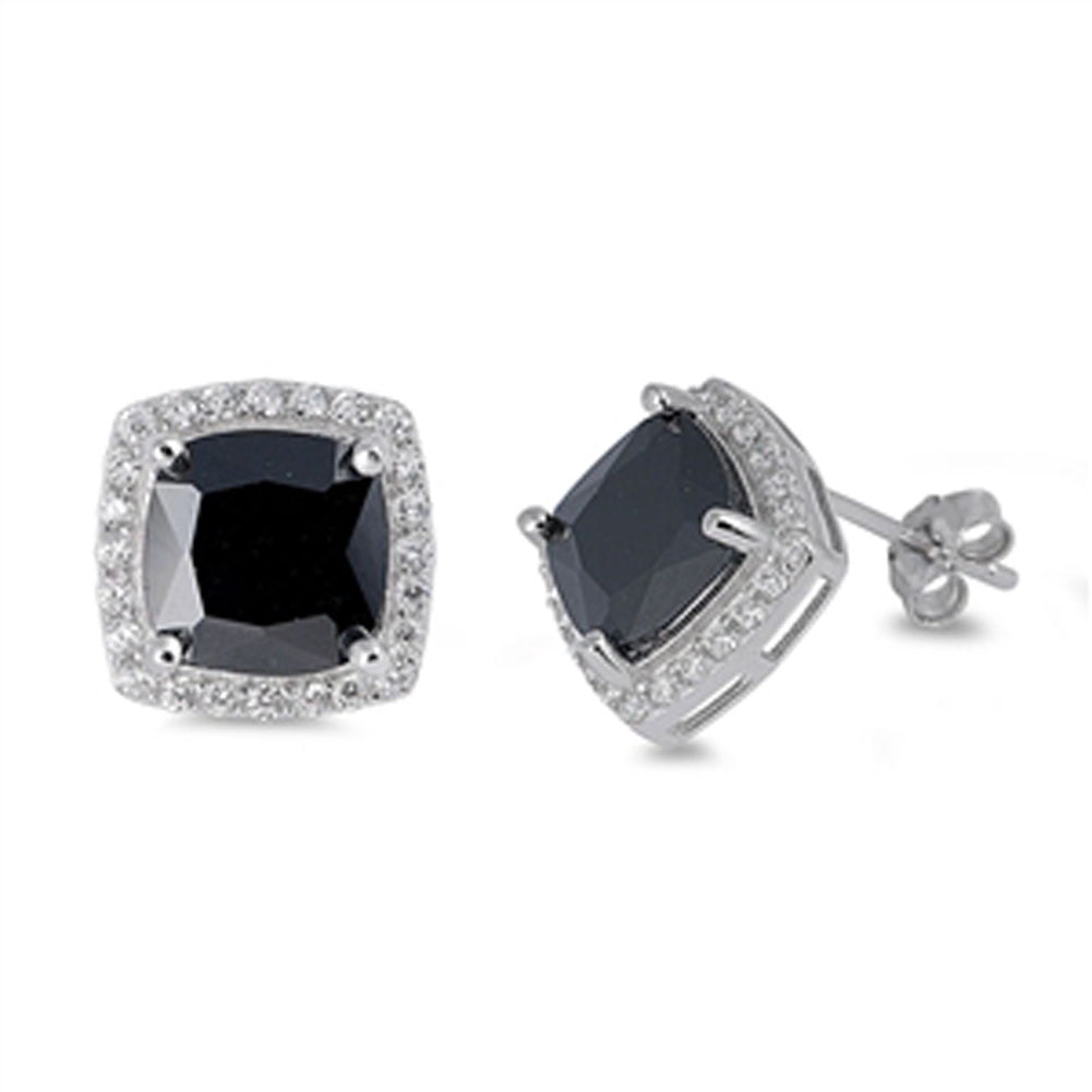 Halo Square Earrings Black Cubic Zirconia Clear Cubic Zirconia .925 Sterling Silver Jewelry Female