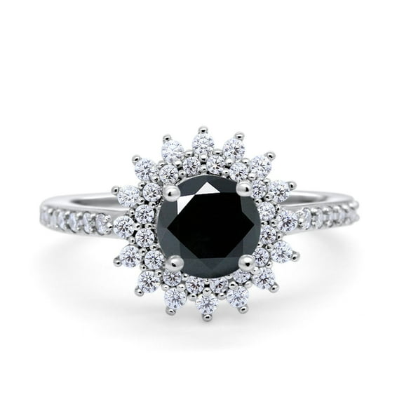 Halo Starburst Flower Wedding Ring Simulated Black CZ 925 Sterling Silver Size10