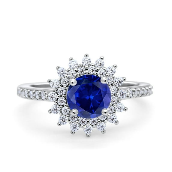 Halo Starburst Flower Wedding Ring Simulated Blue Sapphire CZ 925 Sterling Silver Size 5