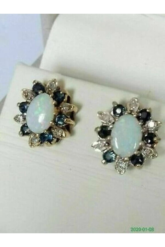 Halo Stud Earrings 2Ct Oval Cut Fire Opal & Sapphire Diamond Stud Earrings 14K Yellow Gold Finish Silver
