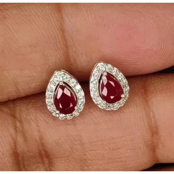 Halo Style 3Ct Pear Lab-Created Red Ruby & Diamond Stud Earrings 14K White Gold Plated Silver