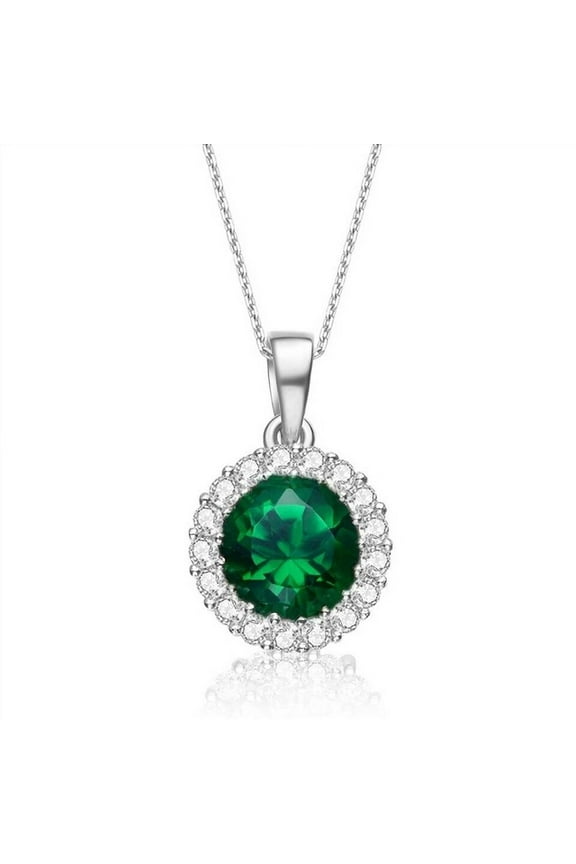 Halo Style Pendant with Round Brilliant Emerald Essence and Melee, 2 Cts.T.W.