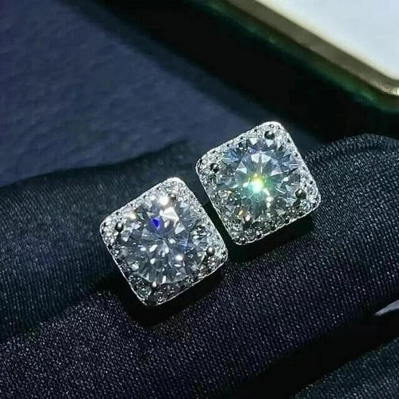 Halo Style Stud Earrings 14K White Gold Plated Silver 2Ct Round Cut Lab Created VVS1/D Diamond 925 Sterling Silver