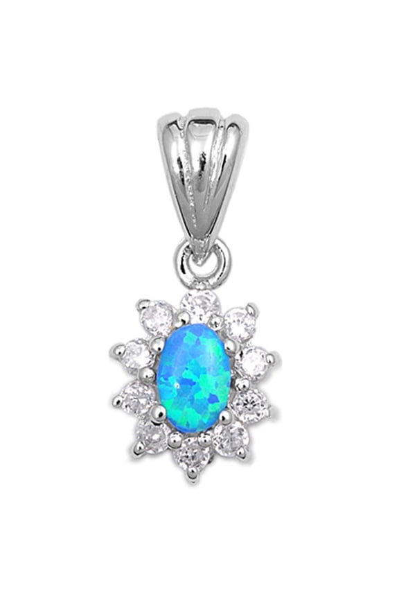 Halo Sun Burst Oval Pendant Light Blue Simulated Opal .925 Sterling Silver Charm Jewelry Female