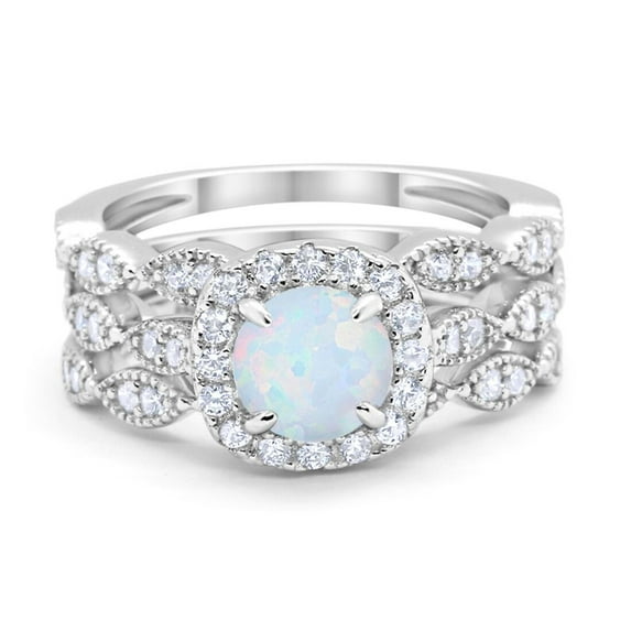 Halo Three Piece Round Set Lab Created White Opal Ring 925 Sterling Silver Size 12