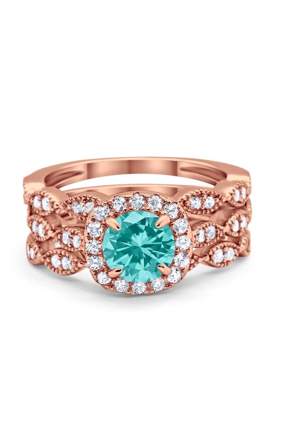 Halo Three Piece Round Set Rose Tone Paraiba Tourmaline CZ Ring 925 Sterling Silver Size 5