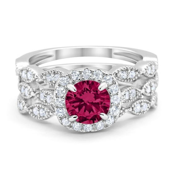Halo Three Piece Round Set Ruby CZ Ring 925 Sterling Silver Size 5