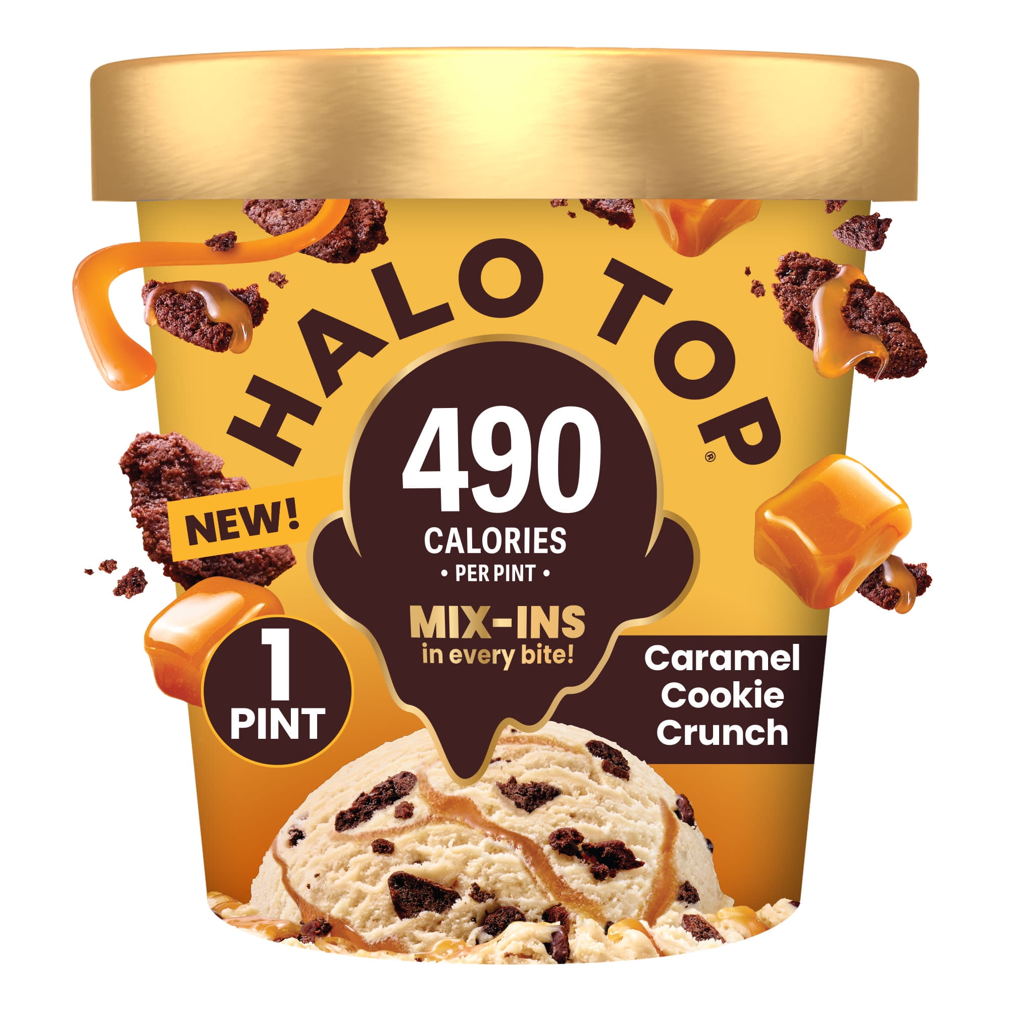 Halo Top Caramel Dark Chocolate Cookie Crunch Light Ice Cream, Lower Calorie Frozen Dessert Pint, 16 fl oz