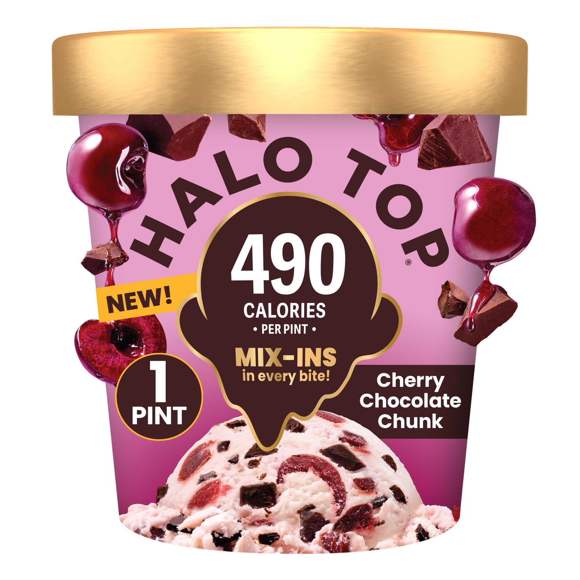 Halo Top Cherry Chocolate Chip Chunk Light Ice Cream, Lower Calorie Frozen Dessert Pint, 16 fl oz