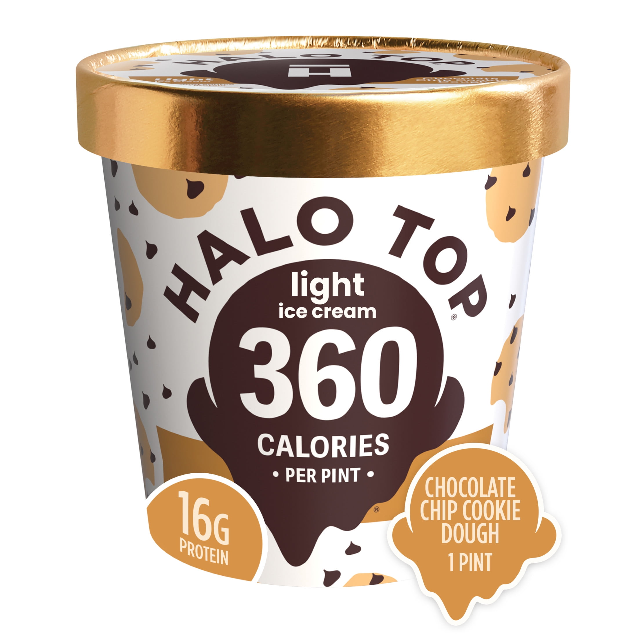 Halo Top Chocolate Chip Cookie Dough Light Ice Cream, With a Good Source of Protein, Lower Calorie Frozen Dessert, 16 fl oz Pint