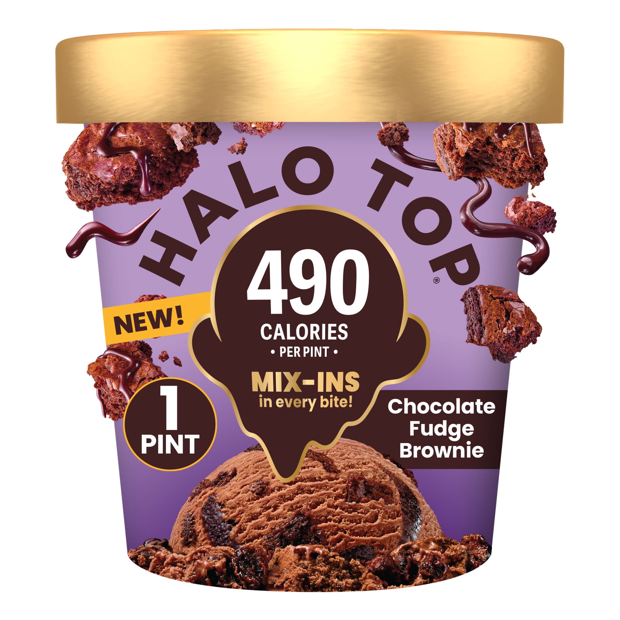 Halo Top Chocolate Fudge Brownie Light Ice Cream, Lower Calorie Frozen Dessert Pint, 16 fl oz
