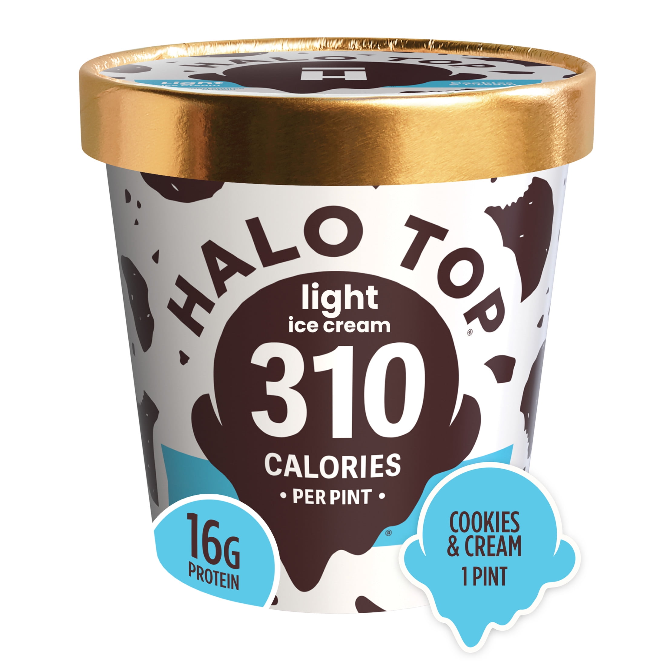 Halo Top Cookies & Cream Light Ice Cream, With A Good Source of Protein, Lower Calorie Frozen Dessert, 16 fl oz Pint