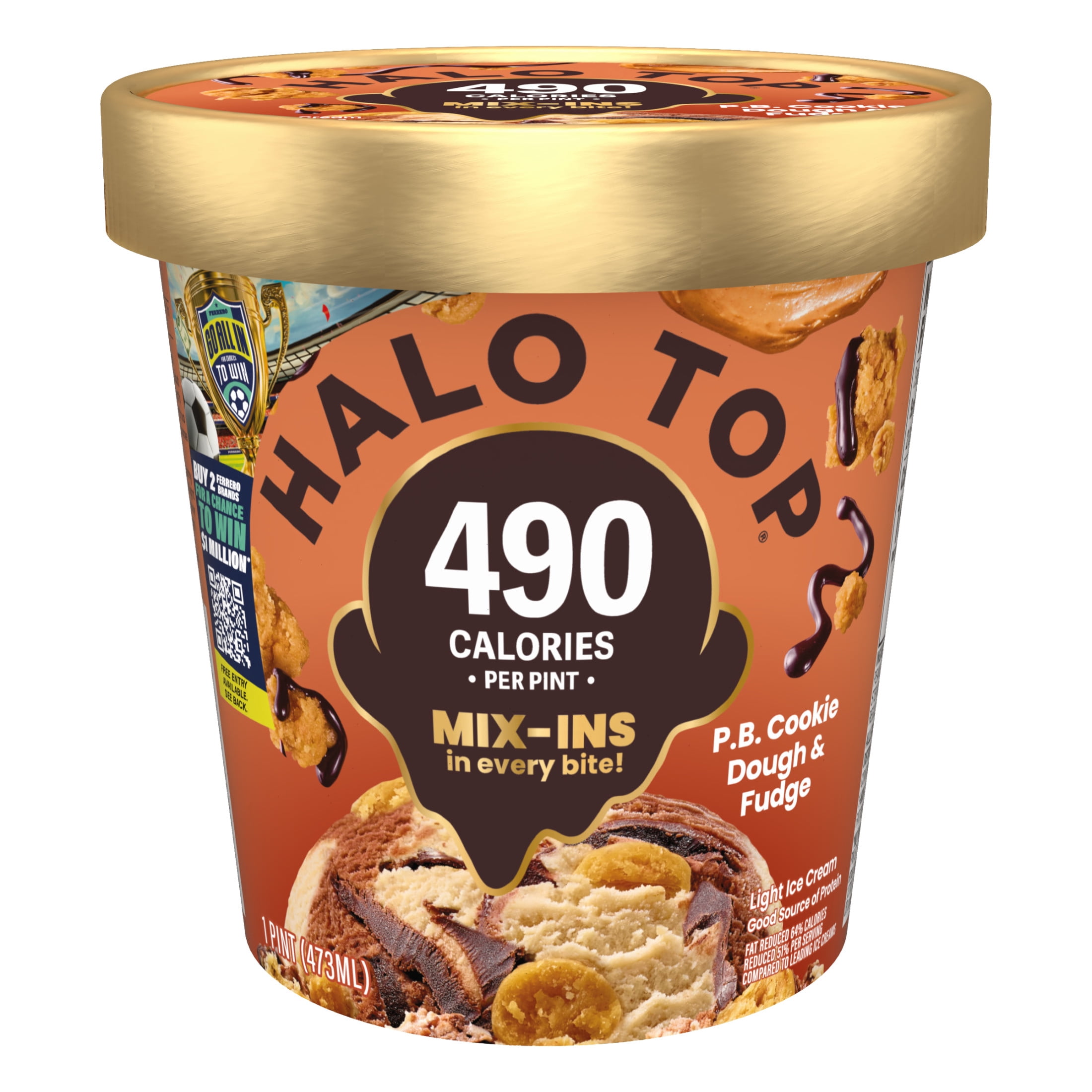 Halo Top Peanut Butter Cookie Dough and Fudge Light Ice Cream, Lower Calorie Frozen Dessert Pint, 16 fl oz