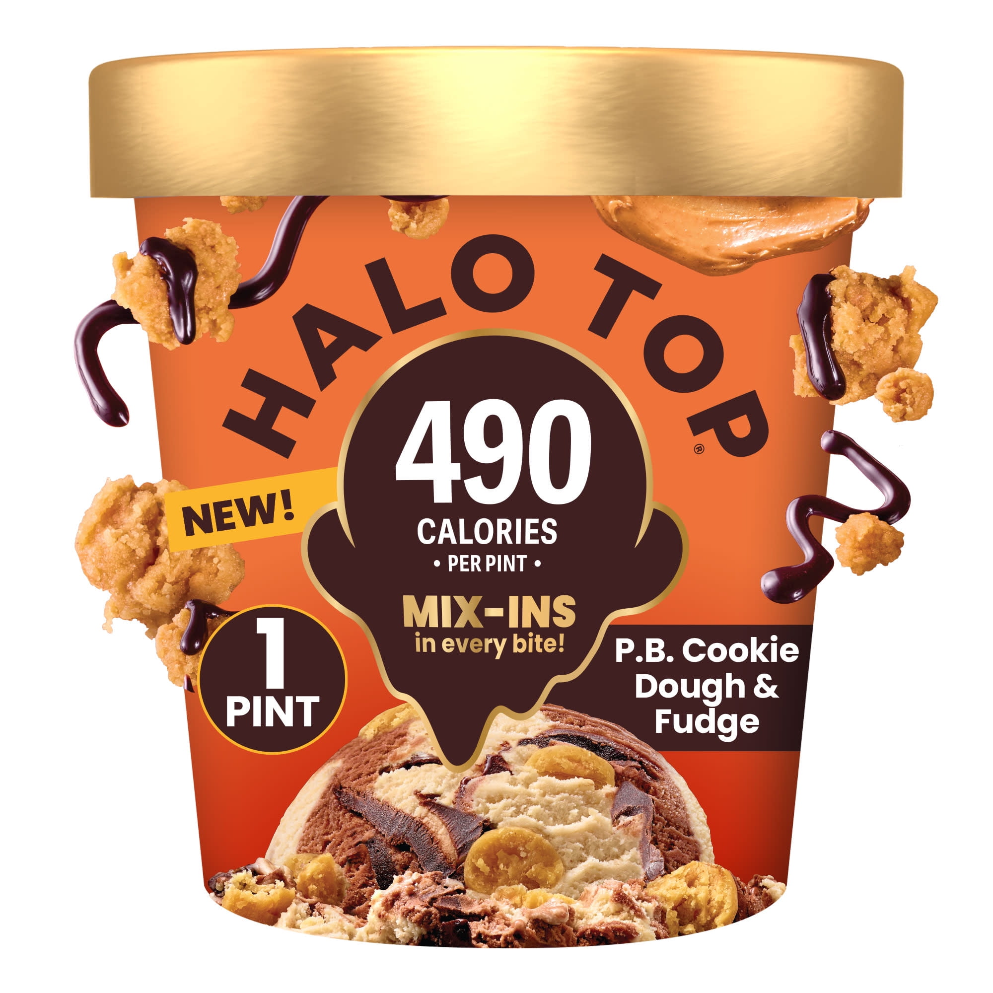 Halo Top Peanut Butter Cookie Dough and Fudge Light Ice Cream, Lower Calorie Frozen Dessert Pint, 16 fl oz