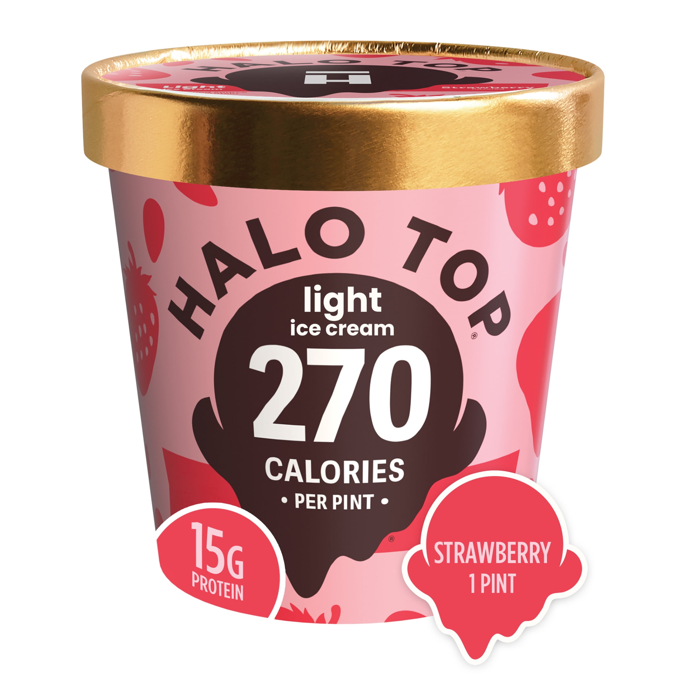 Halo Top Strawberry Flavored Light Ice Cream, With A Good Source of Protein, Lower Calorie Frozen Dessert, 16 fl oz Pint