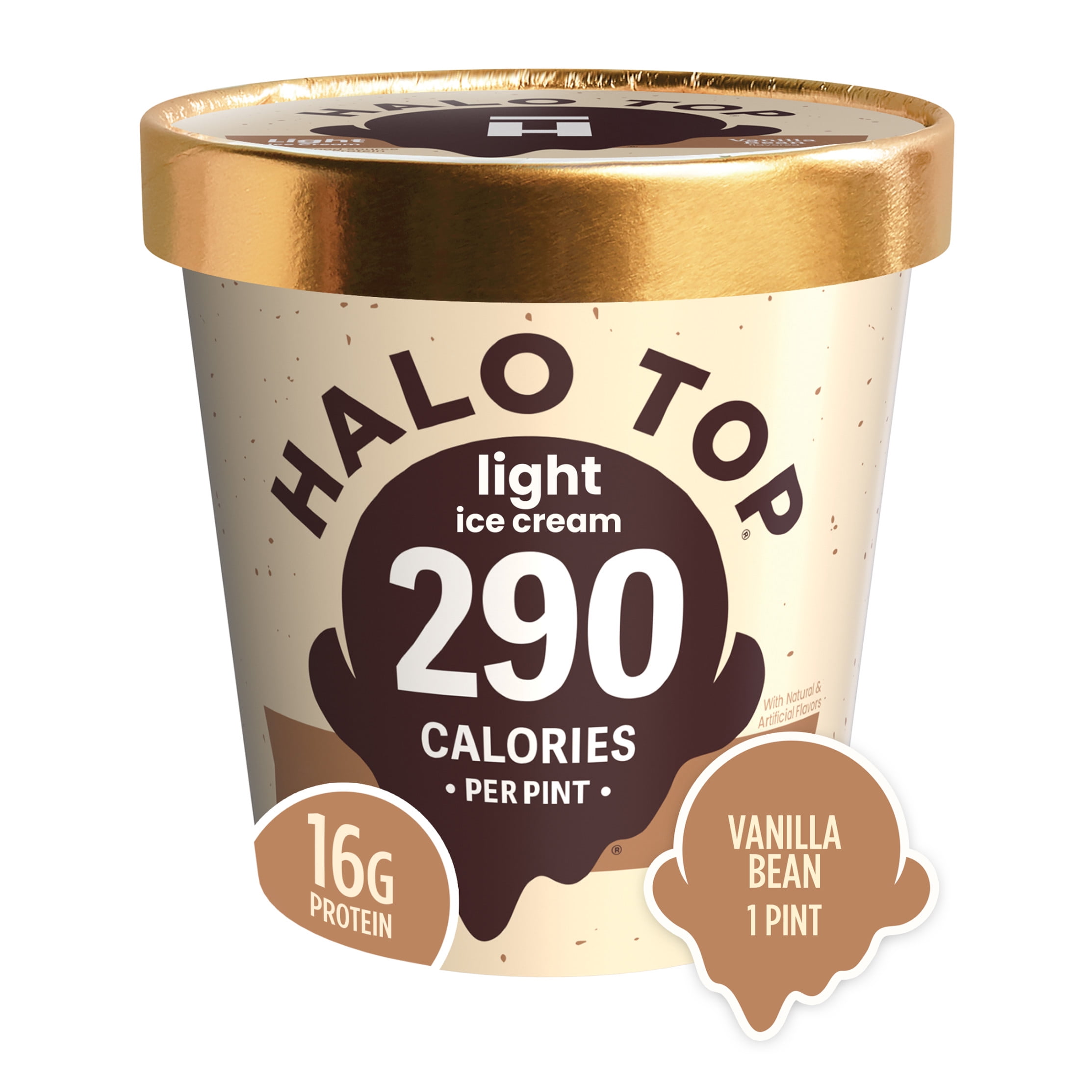 Halo Top Vanilla Bean Light Ice Cream, With A Good Source of Protein, Lower Calorie Frozen Dessert, 16 fl oz Pint