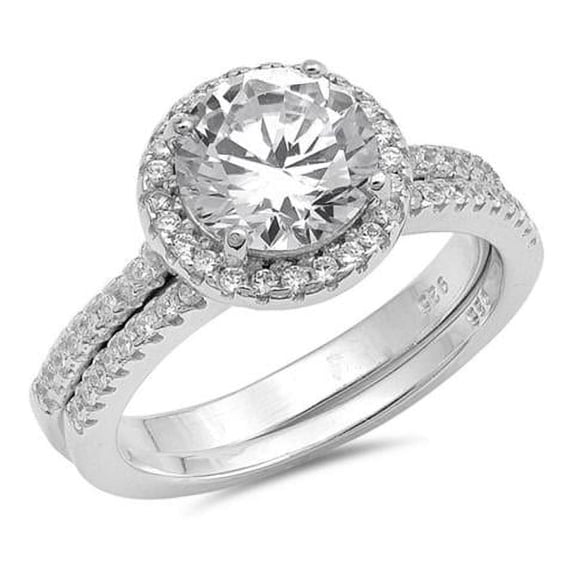 Halo Two Piece Engagement Ring Round CZ 925 Sterling Silver Size 10