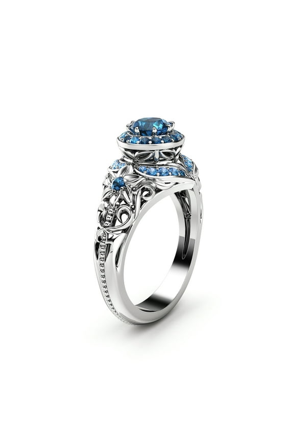 Halo Vintage Inspired Blue Diamond White Gold Engagement Ring