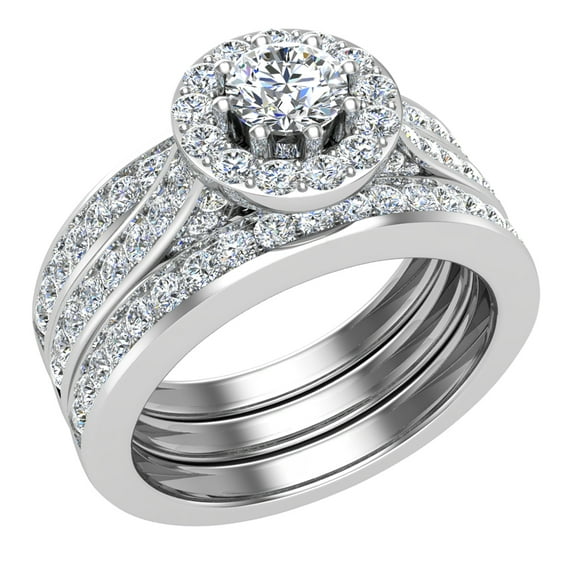 Halo Wedding Ring Set Round Diamond Ring 8-Prong Enhancer Bands 14K White Gold 1.40 Carat (G,SI)